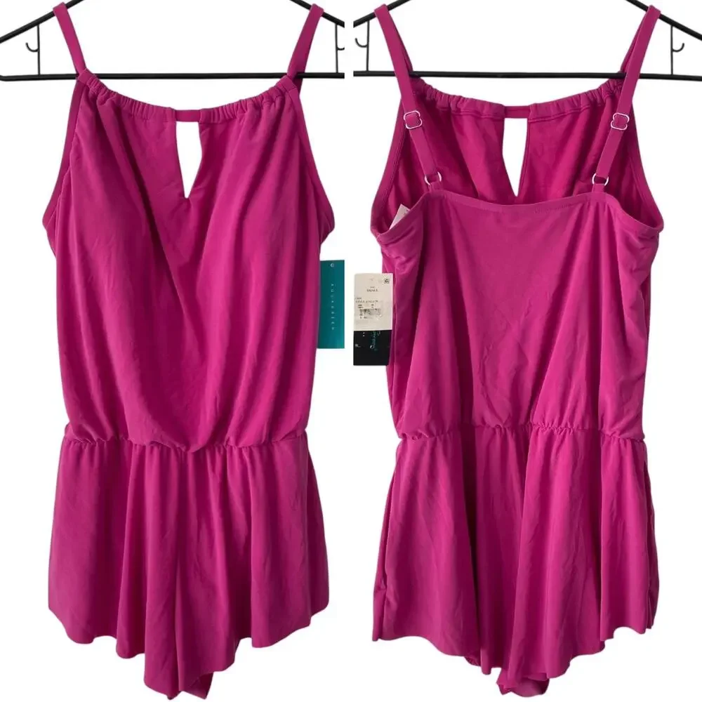 NEW AQUA GREEN Pink Keyhole Blouson Romper Swimsuit Size Small Mesh Overlay